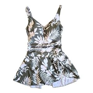 Aidonger Floral Swim Dress Olive Green White V-Neck One Piece Swimsuit Medium